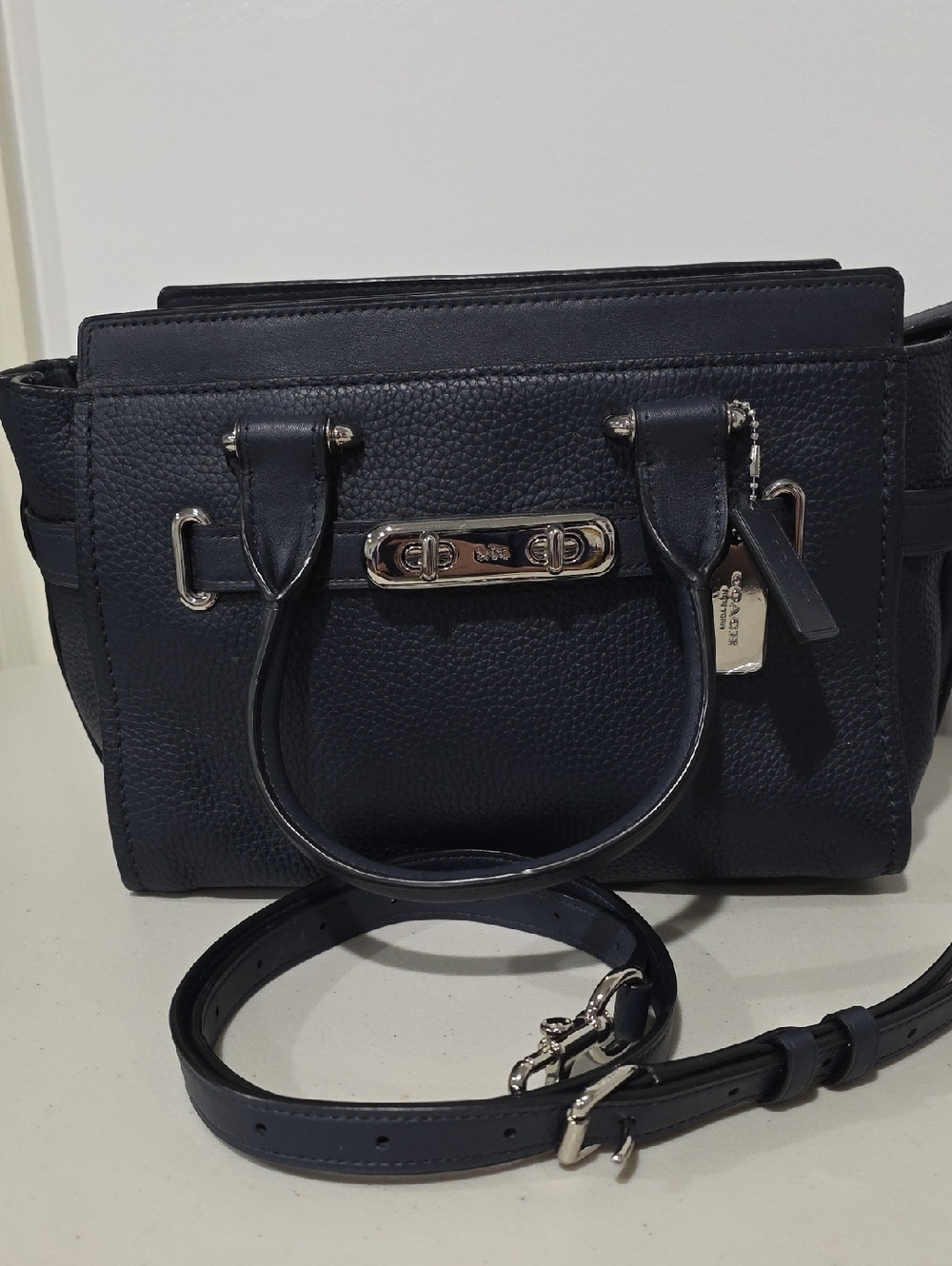 Coach Swagger 27 Navy Pebbled Leather Satchel with Silver Hardware Purse F87295